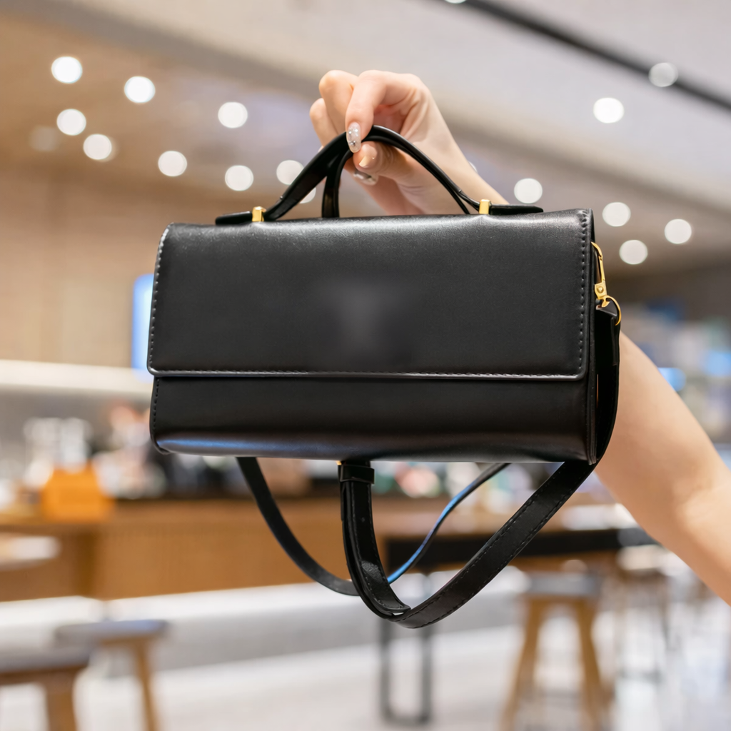 Luxuriöse Lederhandtasche mit Schulterriemen – Originalansicht