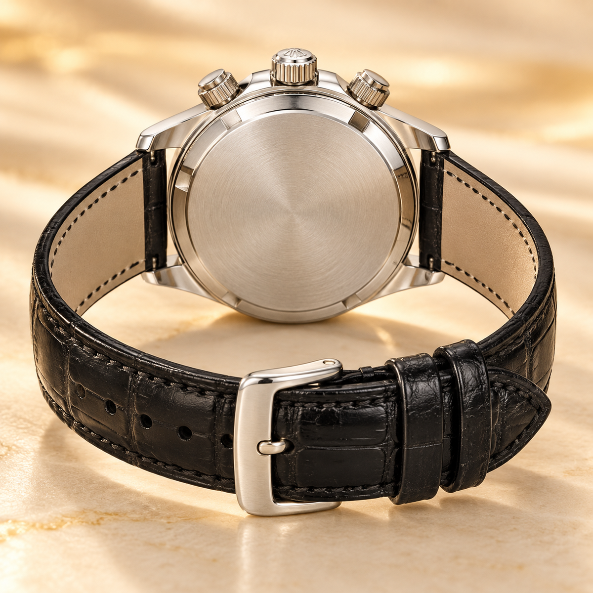 Lumiera Damen-Chronograph – geschlossene Rückseite und geöffnetes schwarzes Armband