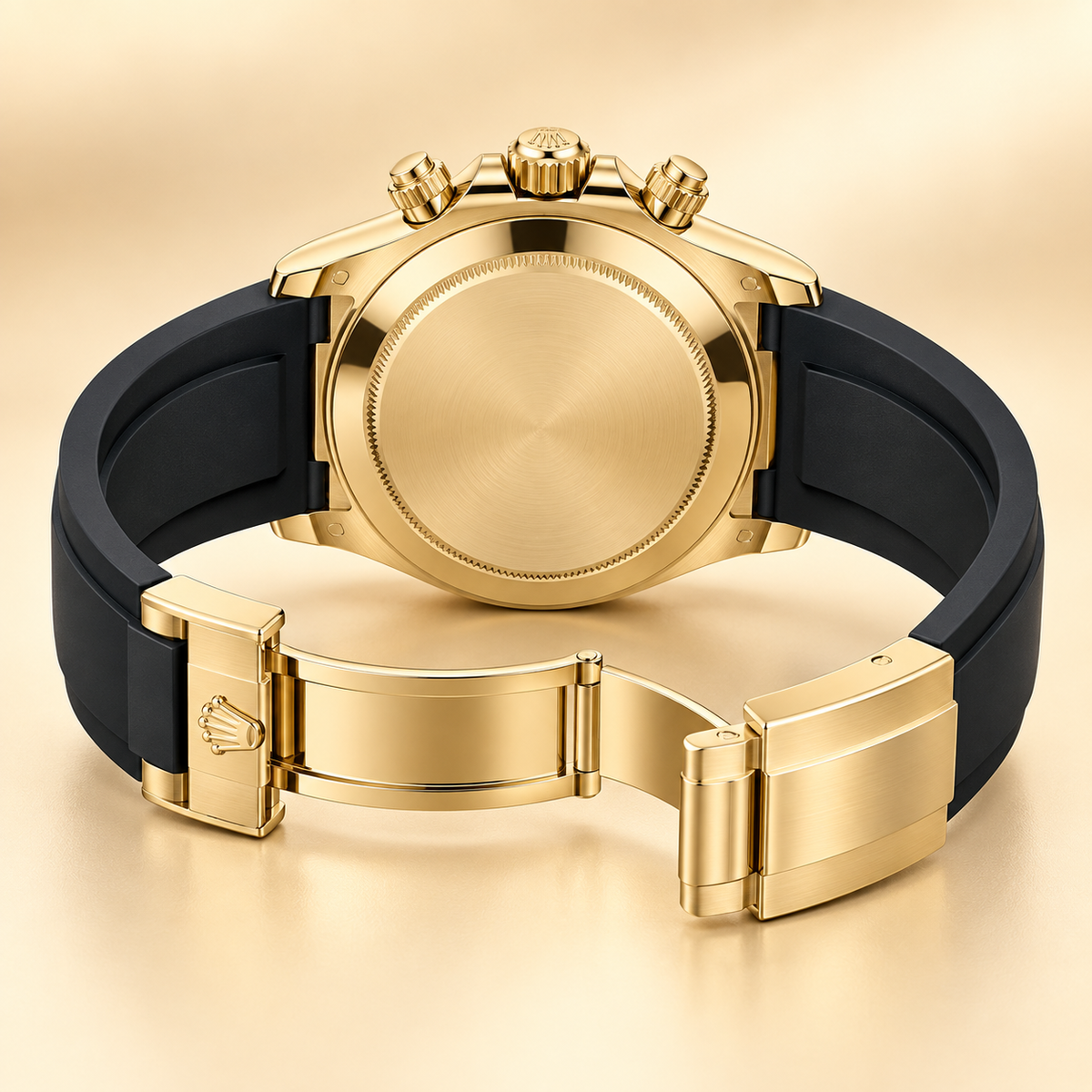 Noiréclat Herren-Chronograph in Schwarz und Goldfarben, 40 mm – Rückansicht mit geöffnetem Sportarmband