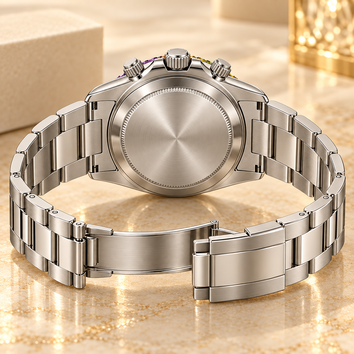 Geschlossener silberfarbener Gehäuseboden und geöffnetes Gliederarmband