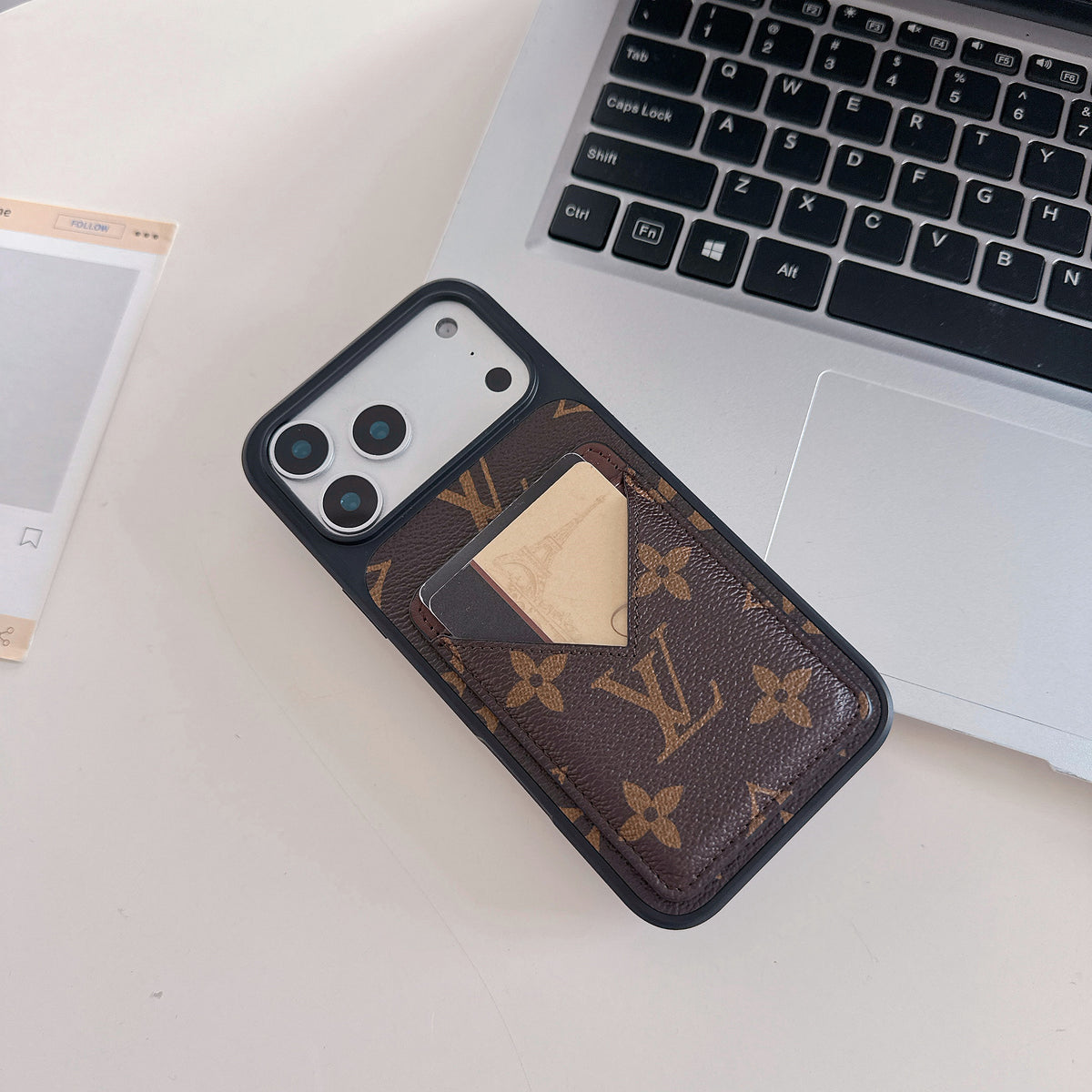 Braun Leder 2-in-1 Monogram iPhone Geldbörse Hülle