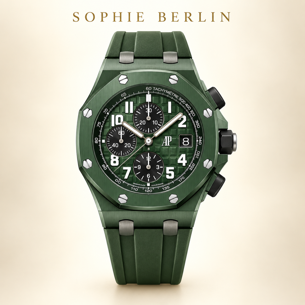 Octavia Armbanduhr – Waldgrün mit hellen Ziffern – Detailansicht