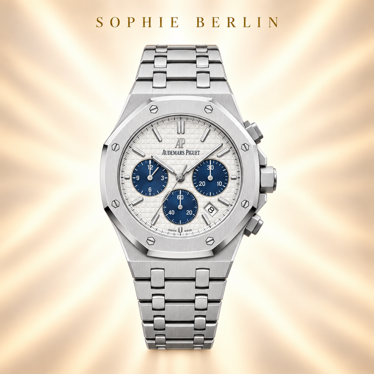 Octavia Armbanduhr – Silberfarben & Weiß mit blauen Anzeigen – Detailansicht