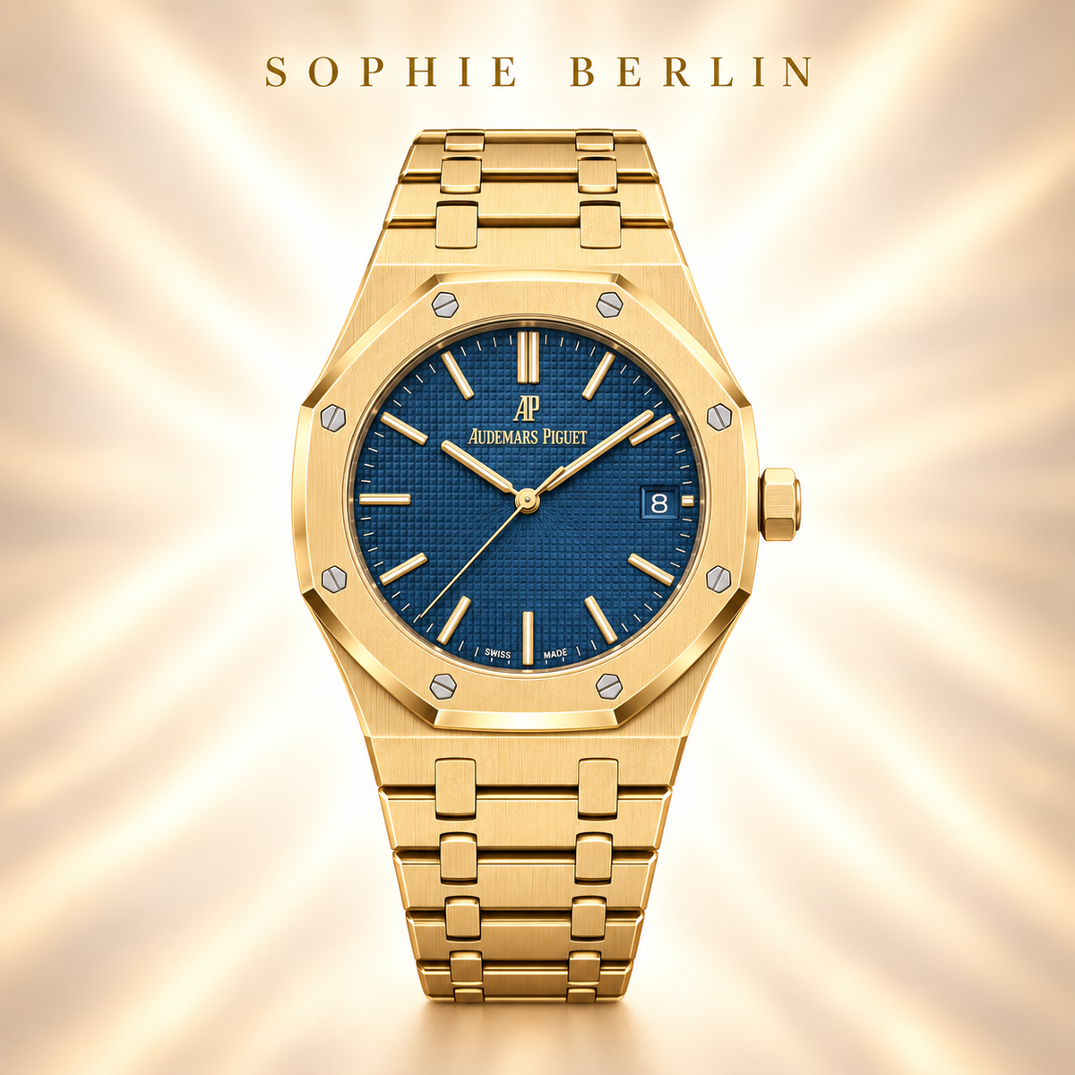 Octavia Armbanduhr – Goldfarben & Tiefblau – Detailansicht