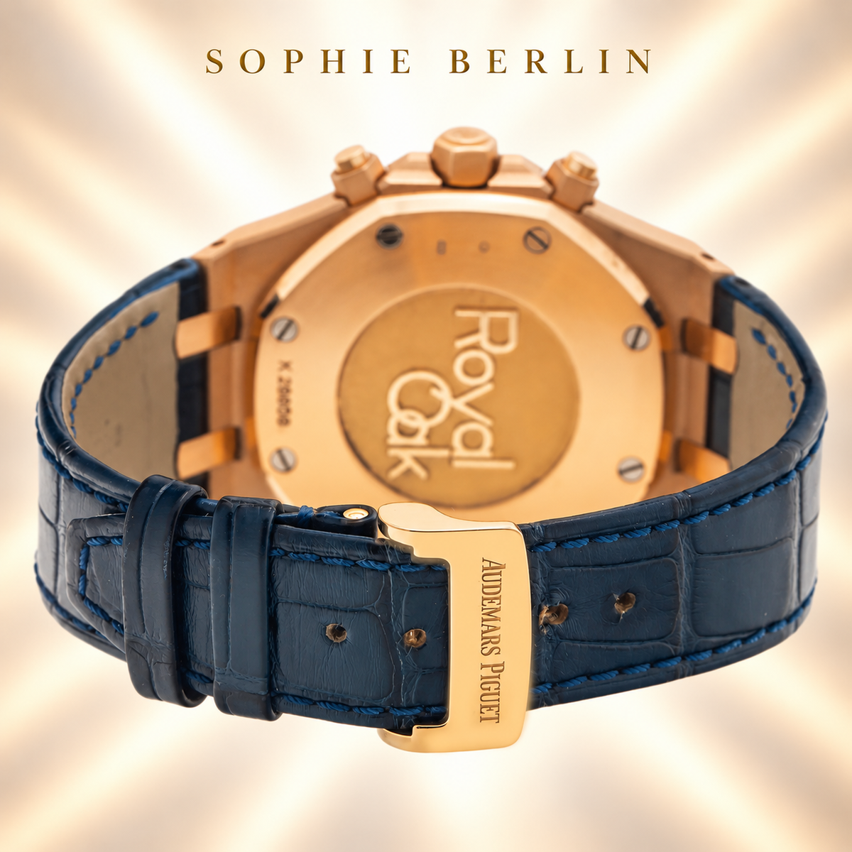 Octavia Armbanduhr – Roségoldfarben & Blau – Rückseite, Armband und Schließe