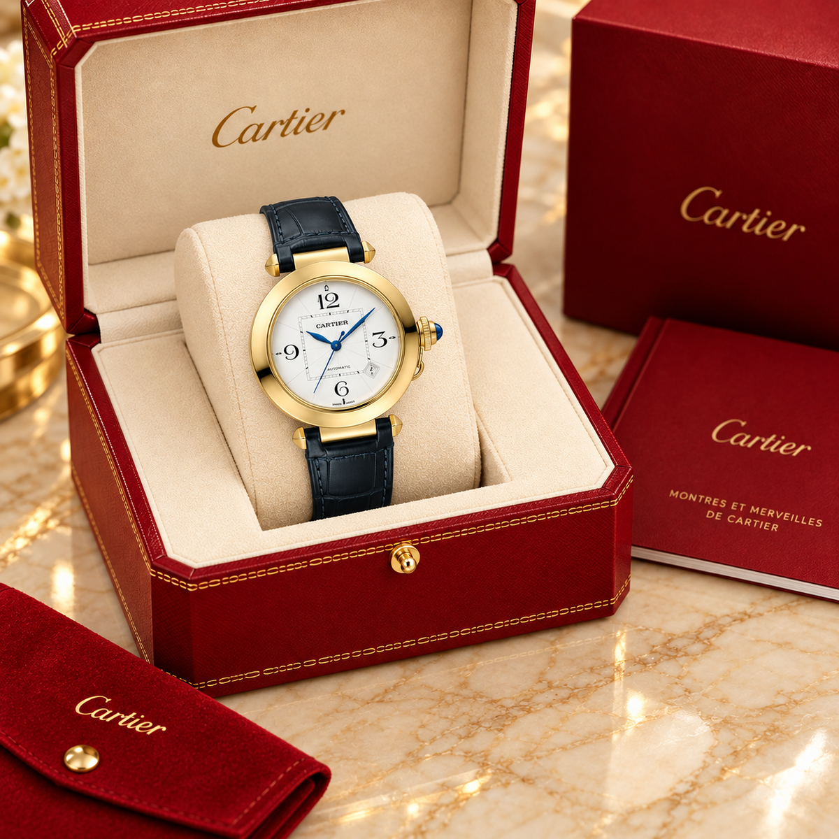 Runde Herren-Automatikuhr – Goldfarben mit schwarzem Armband in optionaler Cartier Präsentationsbox