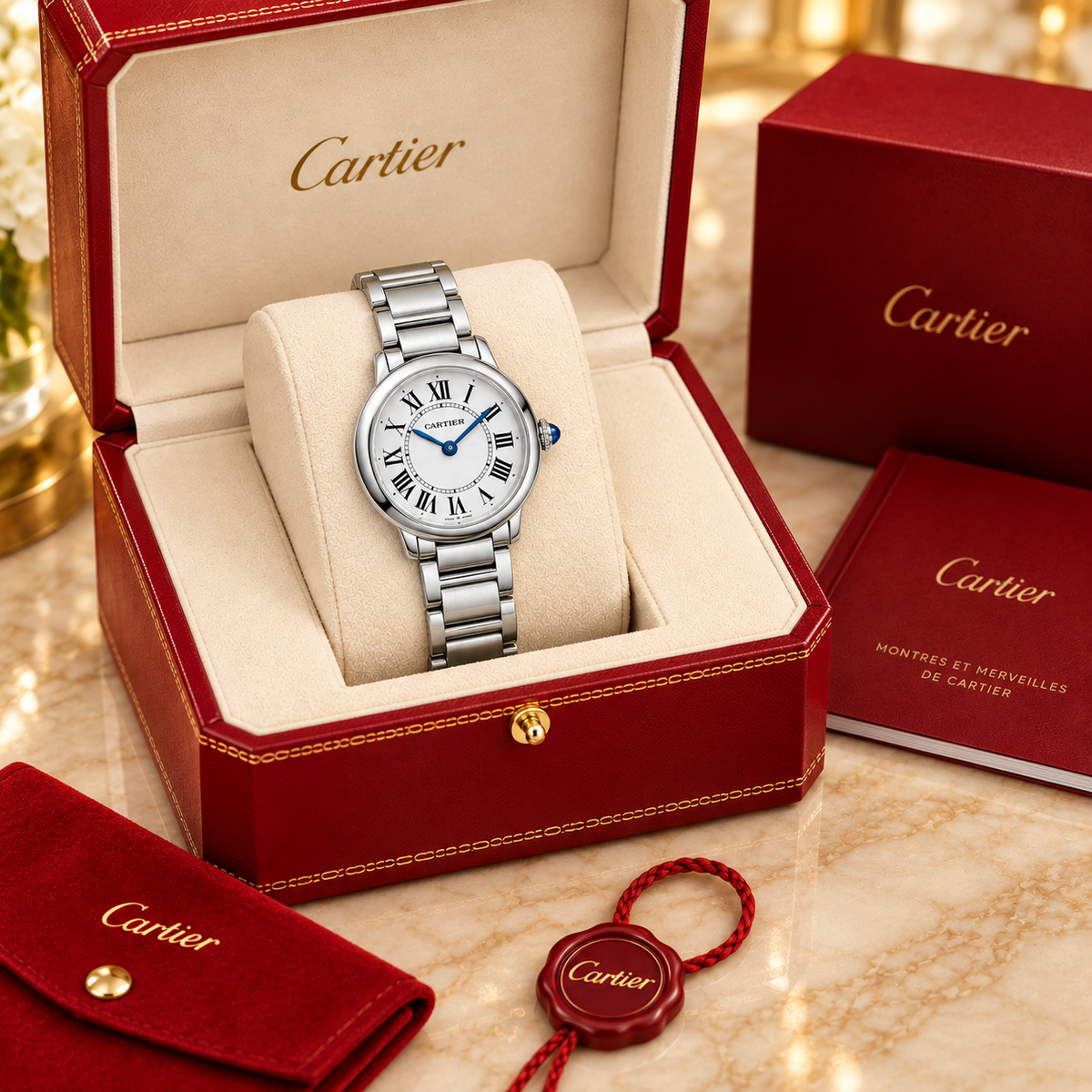 Runde Damen-Quarzuhr – Silberfarbenes Gliederarmband in optionaler Cartier Präsentationsbox