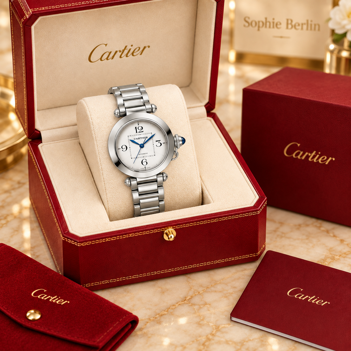 Runde Damen-Automatikuhr – Silberfarben mit markanter Krone in optionaler Cartier Präsentationsbox