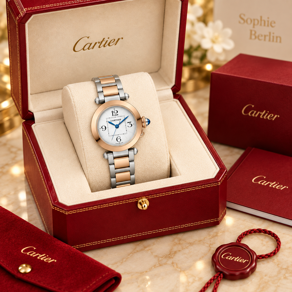 Runde Damen-Quarzuhr – Bicolor mit hellem Zifferblatt in optionaler Cartier Präsentationsbox