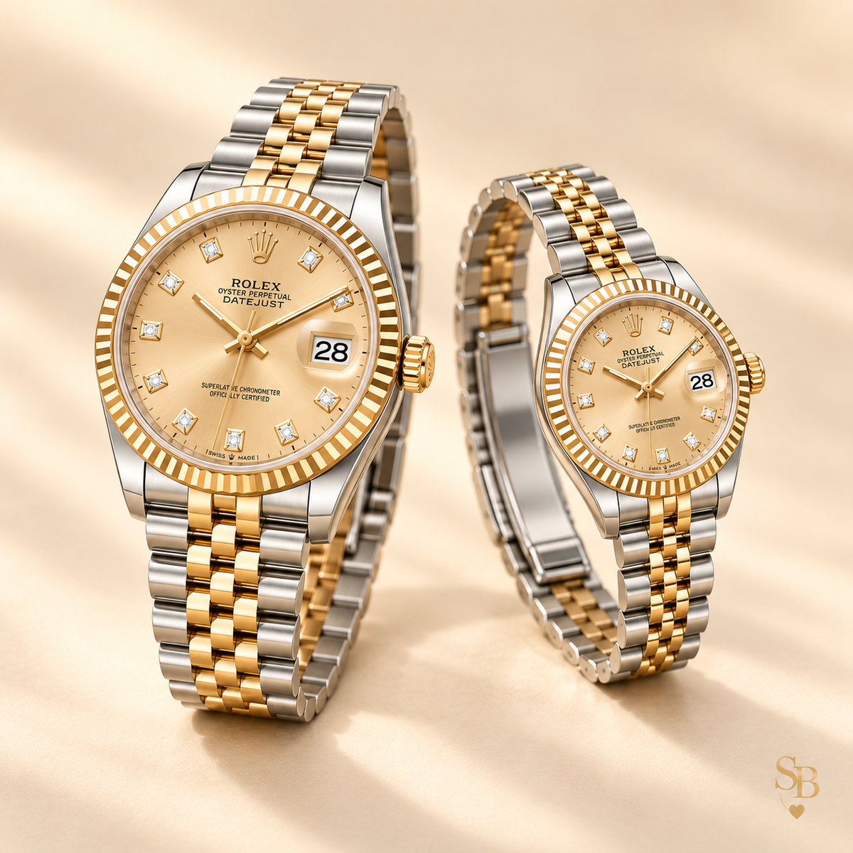 Partneruhren-Set – Bicolor & Champagner – 36 & 28 mm – Seitenansicht und Armband