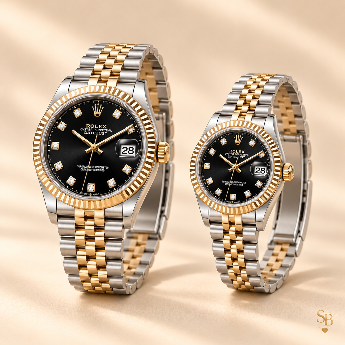 Partneruhren-Set – Bicolor & Schwarz – 36 & 28 mm – Seitenansicht und Armband