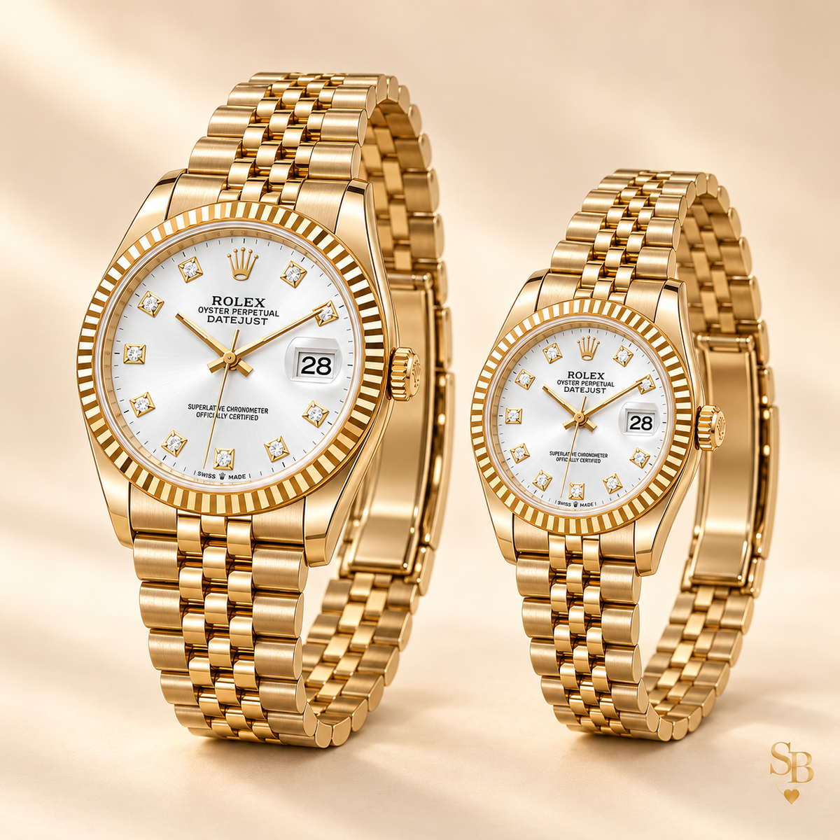 Partneruhren-Set – Goldfarben & Silber – 36 & 28 mm – Seitenansicht und Armband