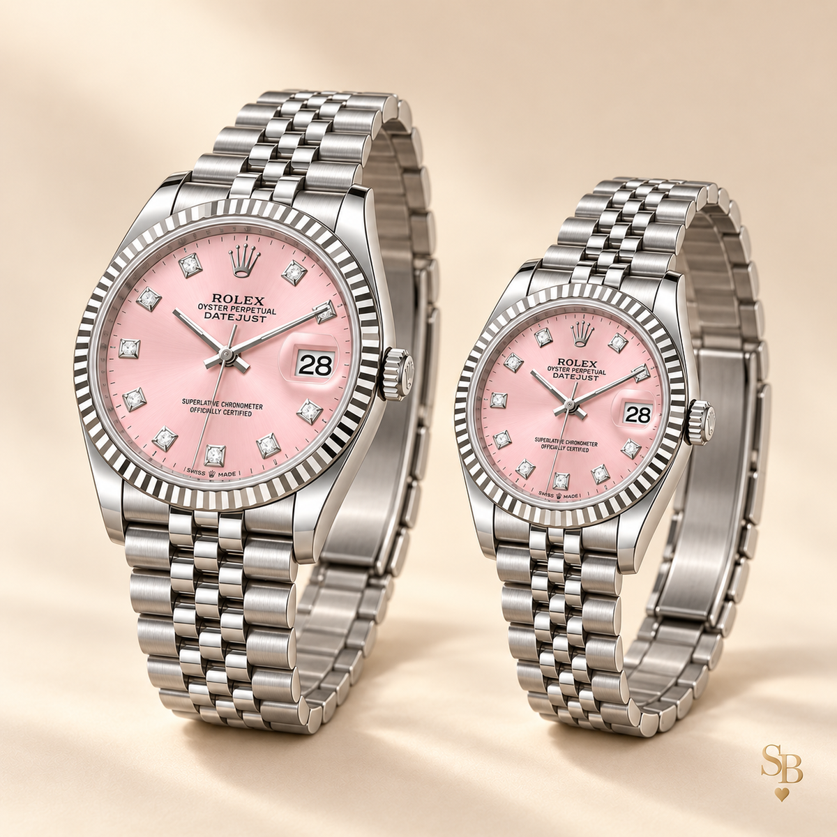 Partneruhren-Set – Silberfarben & Rosa – 36 & 28 mm – Seitenansicht und Armband
