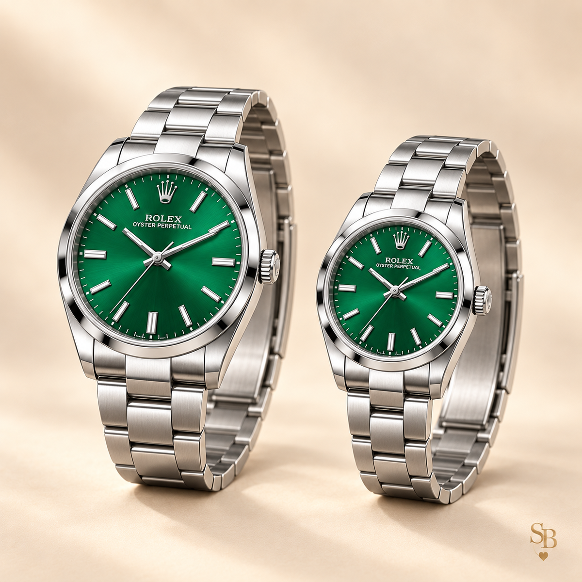Partneruhren-Set – Silberfarben & Grün – 41 & 31 mm – Seitenansicht und Armband