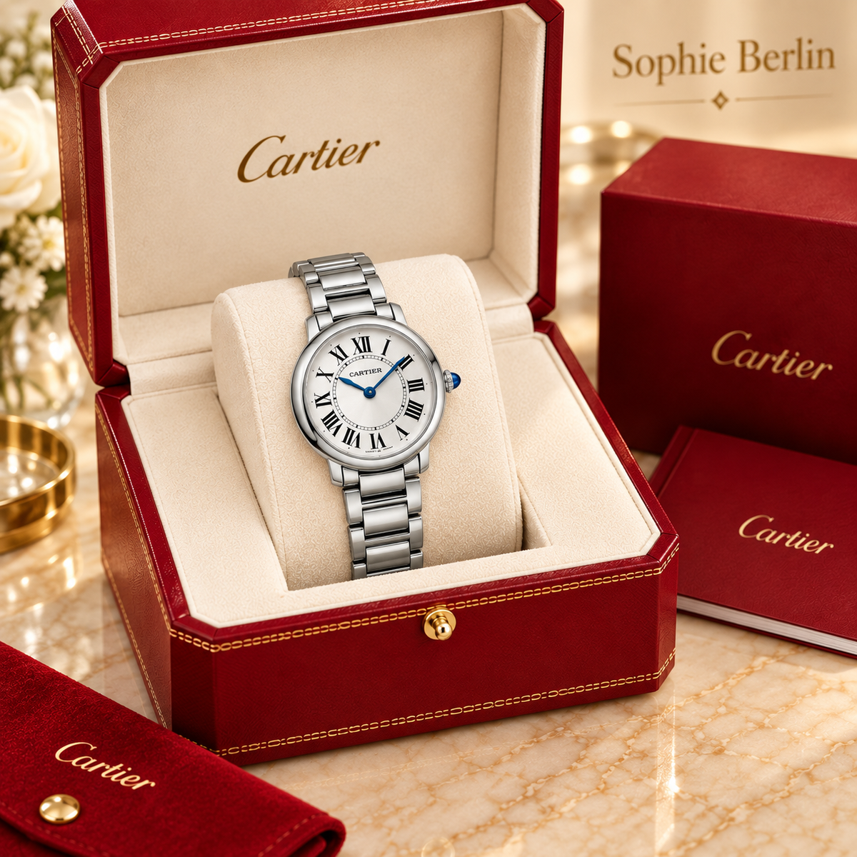 Runde Herren-Quarzuhr – Silberfarbenes Gliederarmband in optionaler Cartier Präsentationsbox
