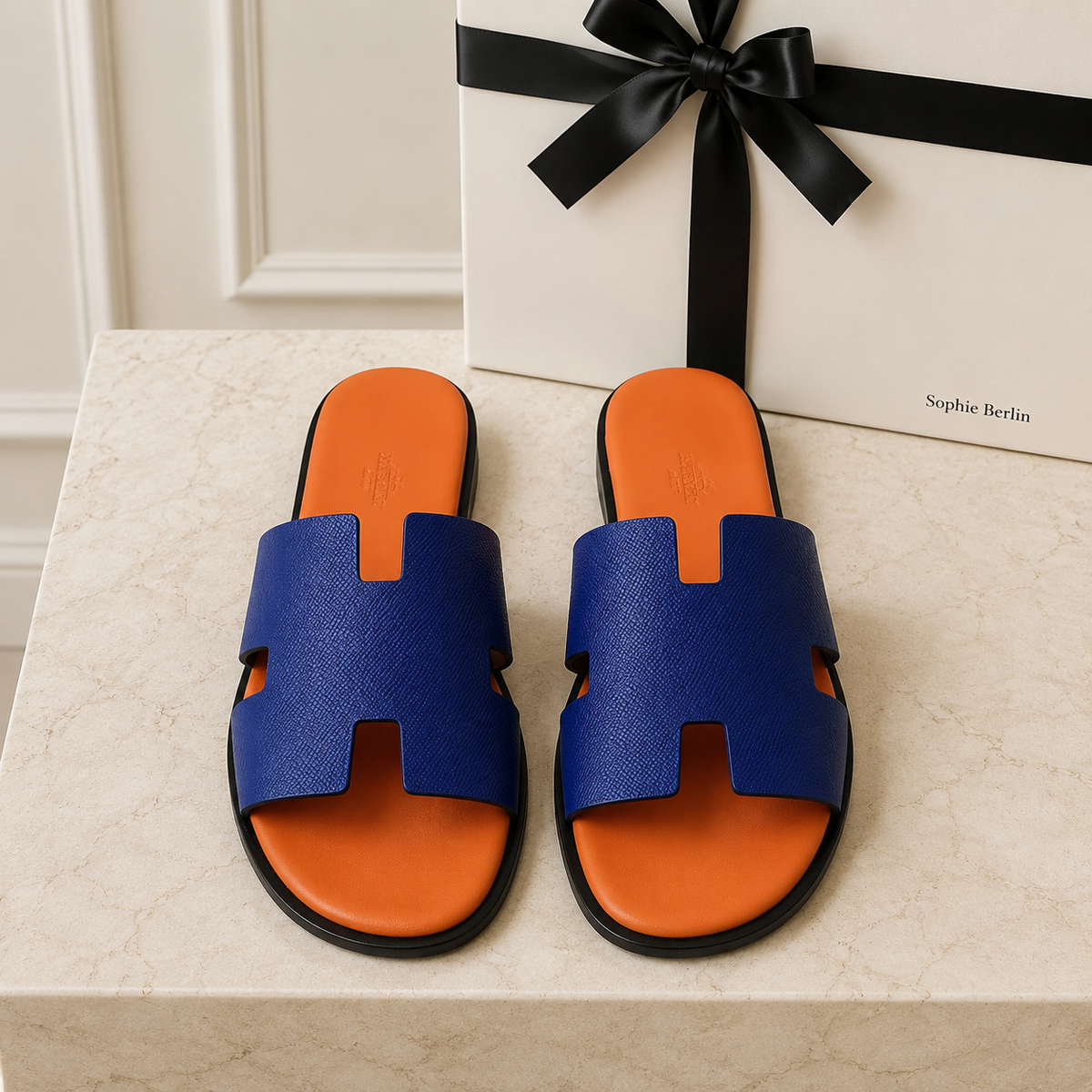 Izmir Herrenpantolette in Blau und Orange – liegendes Paar auf Travertin