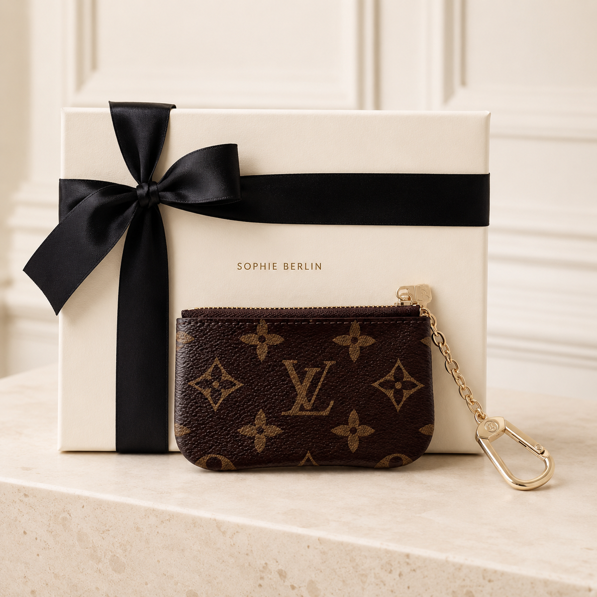 Runde Monogramm-Münztasche mit Kettenclip – Sophie-Berlin-Luxusprofil