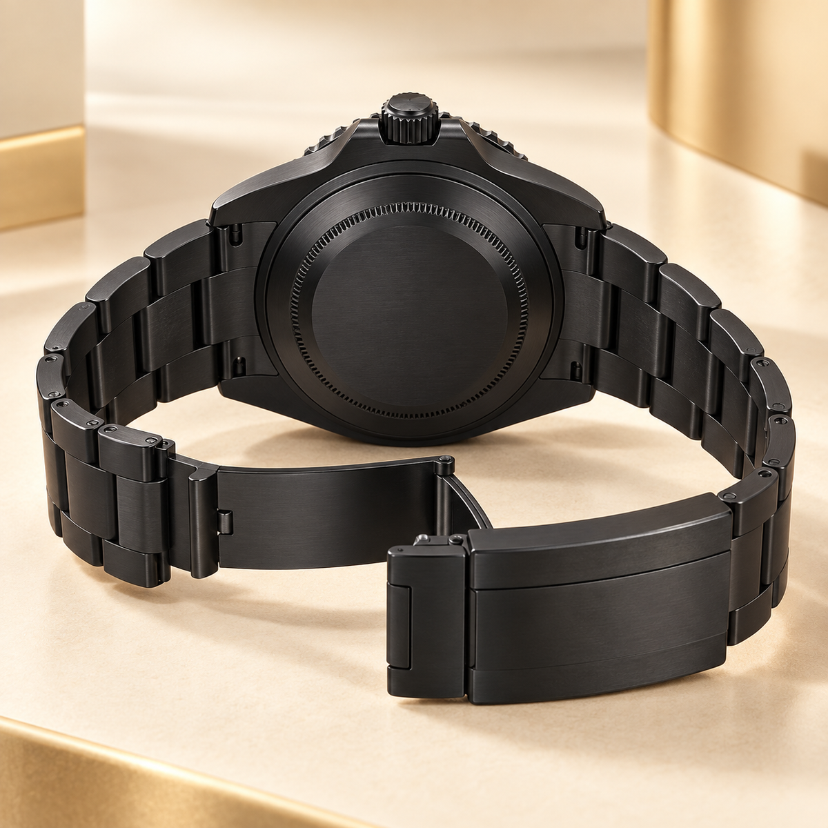 Marinus Herrenuhr, 41 mm, geschlossene schwarze Rückseite und geöffnetes Gliederarmband
