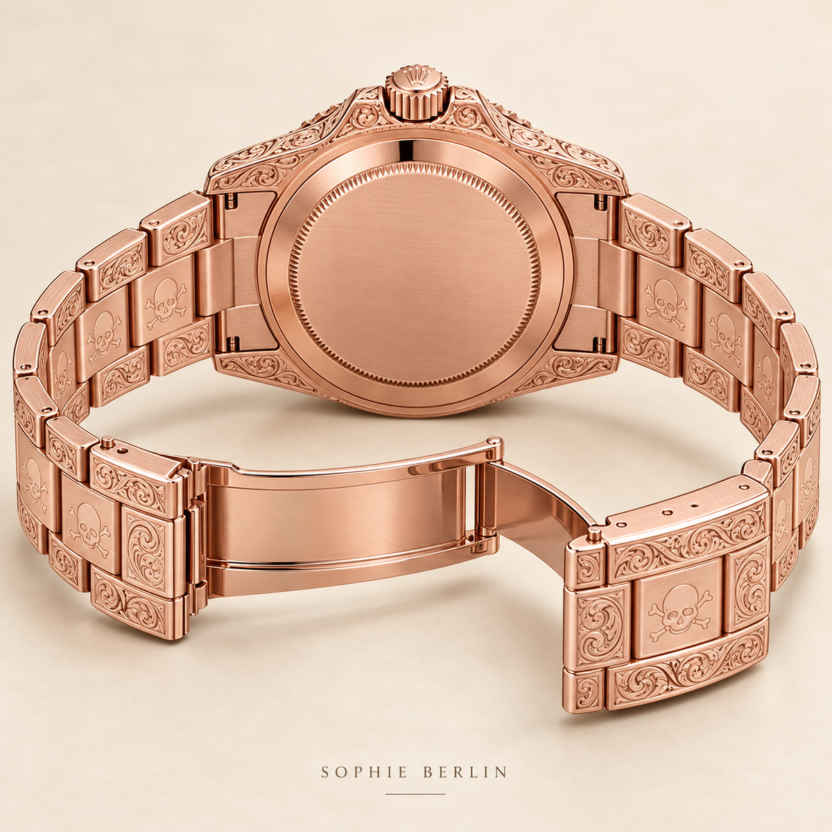 Marinus Gravuruhr, 41 mm, geschlossene Rückseite und geöffnetes roséfarbenes Armband