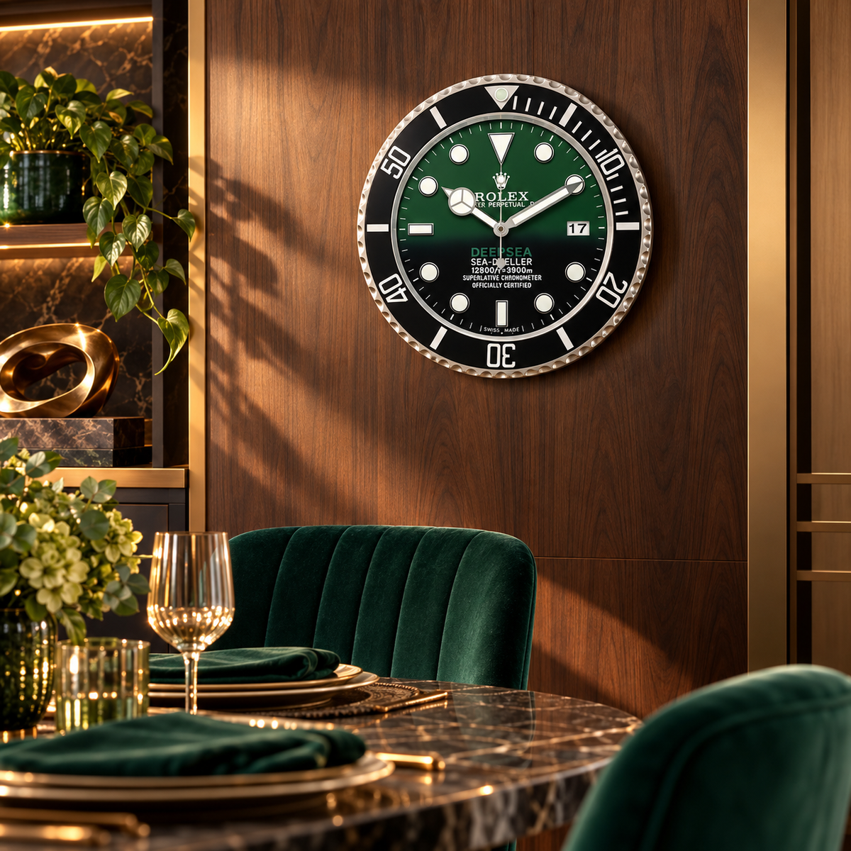 Deepsea Sea-Dweller Wanduhr – Grün & Schwarz – Wanduhr in luxuriösem Raum