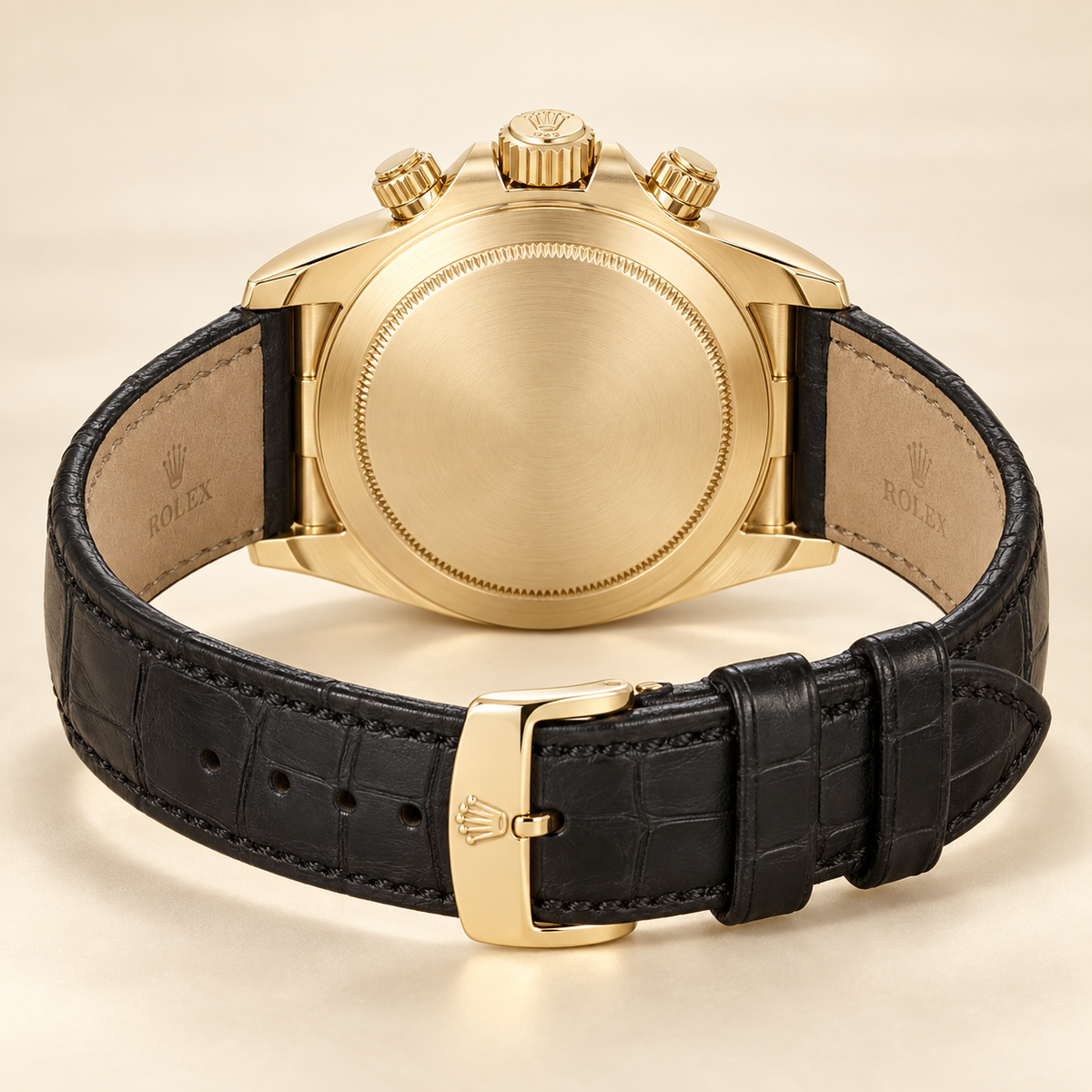 Valerio Chronograph in Weiß und Goldfarben – 40 mm, geschlossene Rückseite und geöffnetes Lederarmband