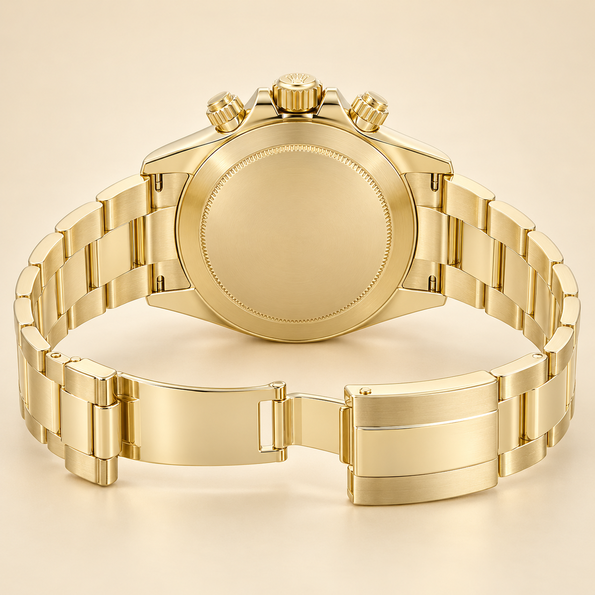 Velaro Chronograph, geschlossene Rückseite und geöffnetes goldfarbenes Gliederarmband