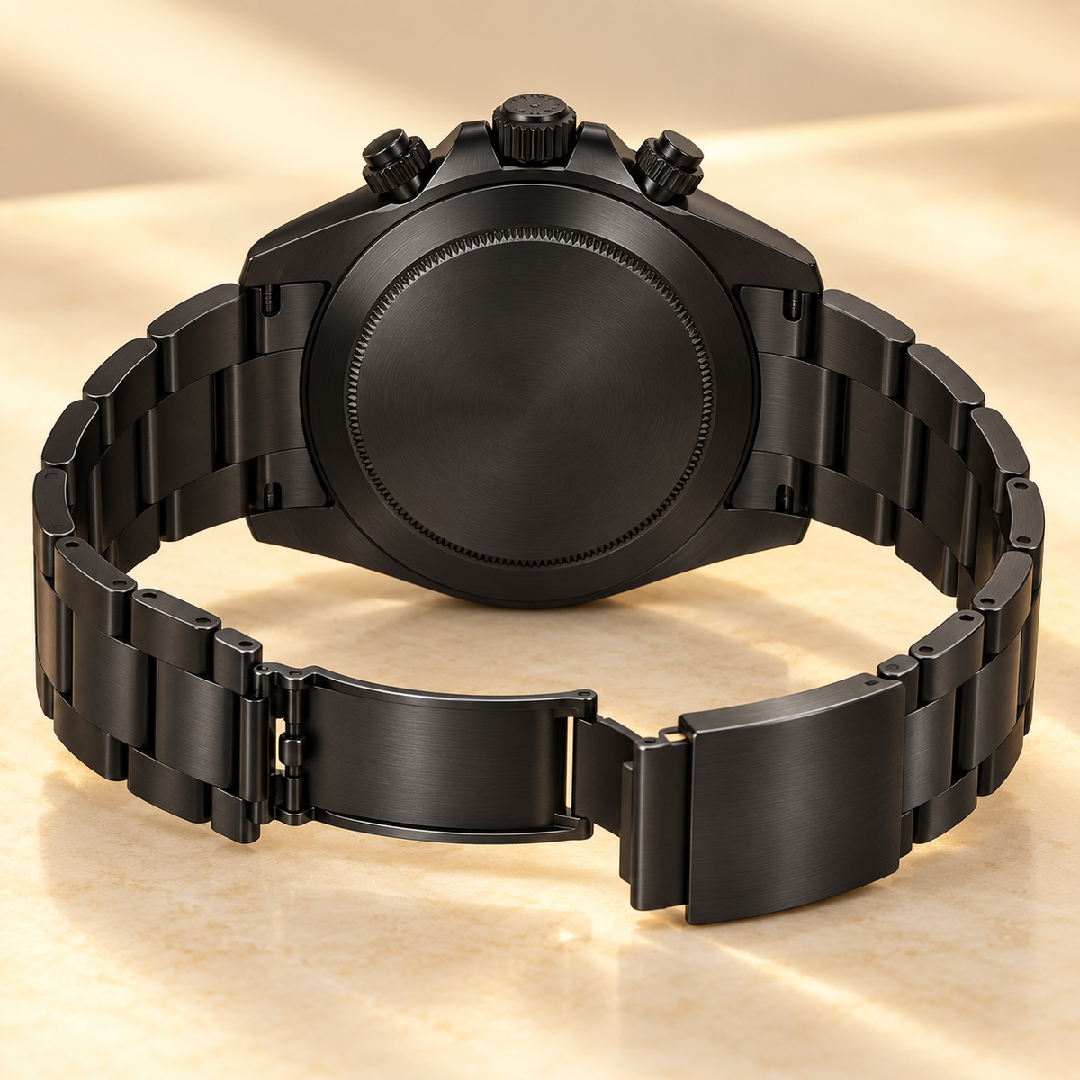 Albaro Herren-Chronograph – geschlossene schwarze Rückseite und geöffnetes Gliederarmband
