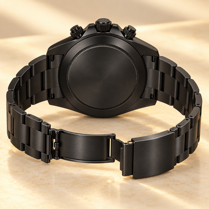 Albaro Herren-Chronograph – geschlossene schwarze Rückseite und geöffnetes Gliederarmband