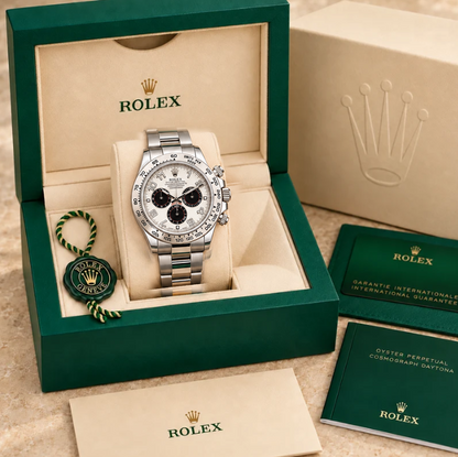 Alvario Herren-Chronograph – Weiß, Schwarz & Silberfarben | 40 mm in groene Rolex-doos