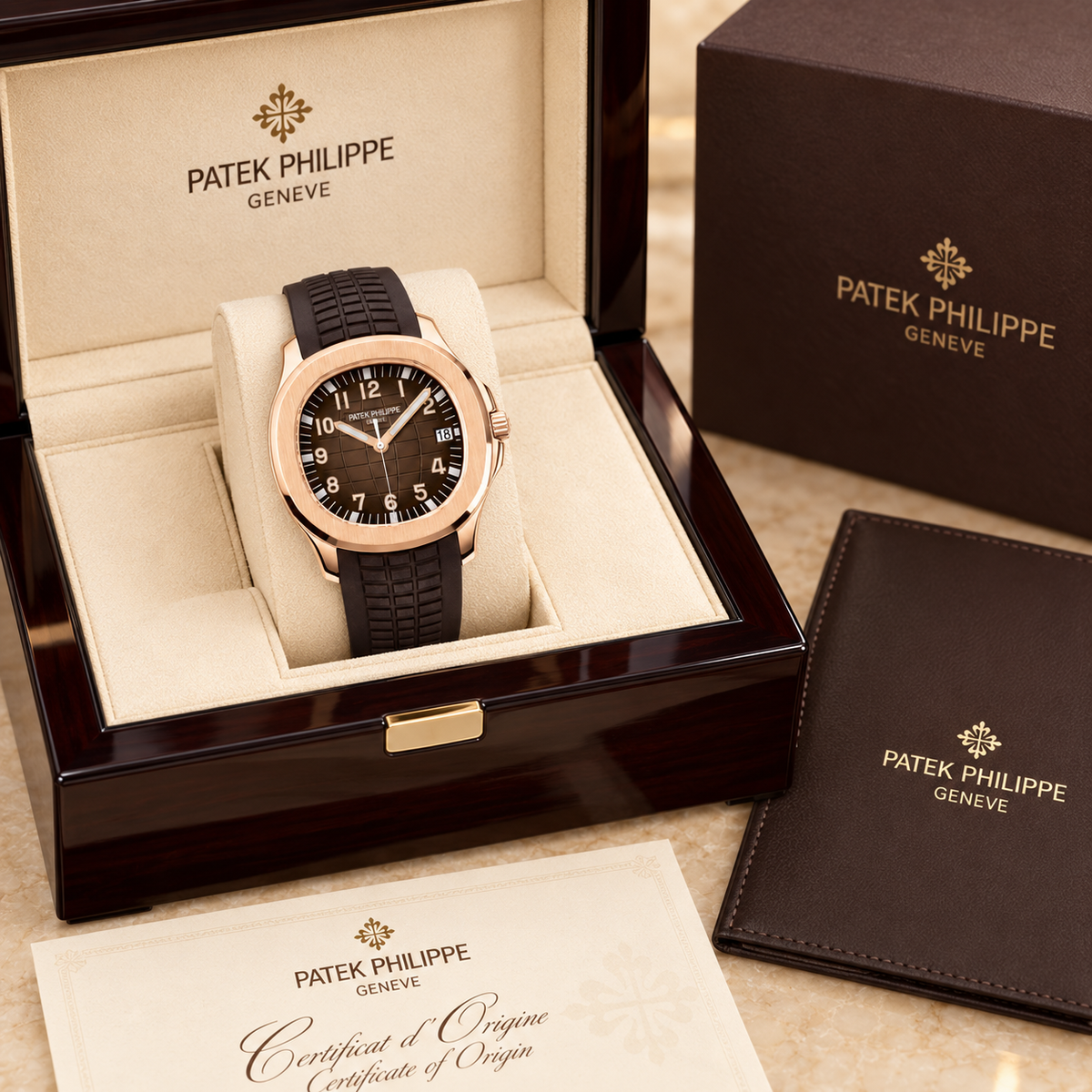 Aquanaut Date Damenuhr mit braunem Armband und Roségold-Finish 40,8 mm in luxe presentatiebox