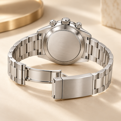 Argento Chronograph, geschlossener Gehäuseboden und geöffnetes silberfarbenes Gliederarmband