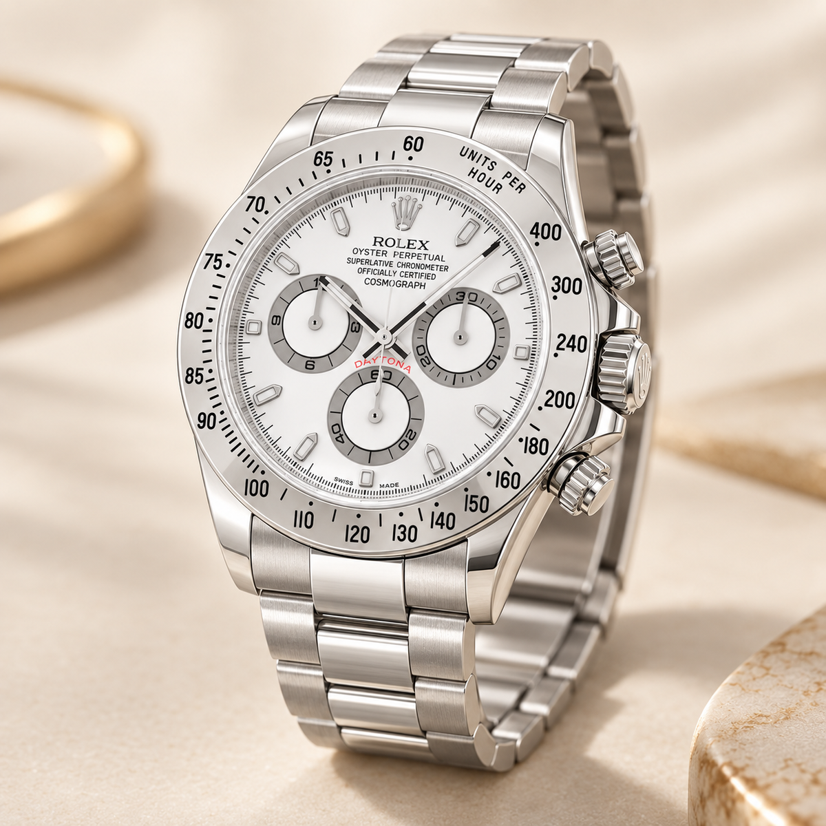 Argento Chronograph, Seitenansicht mit Krone und Chronographendrückern