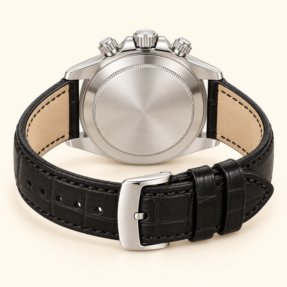 Arvello Herren-Chronograph – geschlossener Gehäuseboden und geöffnetes Lederarmband