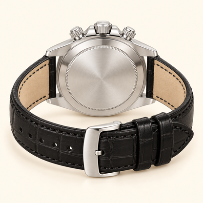 Arvello Herren-Chronograph – geschlossener Gehäuseboden und geöffnetes Lederarmband