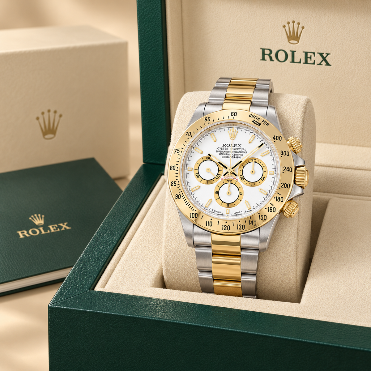 Aurelio Chronograph Compact – Weiß & Bicolor, 38 mm, in grüner Uhrenbox