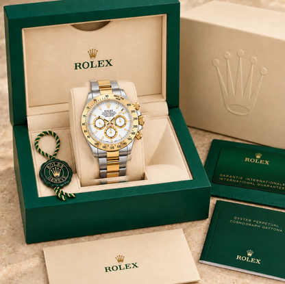 Aurelio Chronograph Compact – Weiß & Bicolor | 38 mm in groene Rolex-doos