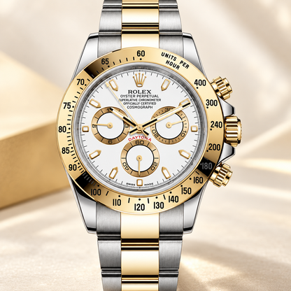 Aurelio Chronograph, Frontansicht mit weißem Zifferblatt und goldfarben eingefassten Totalisatoren