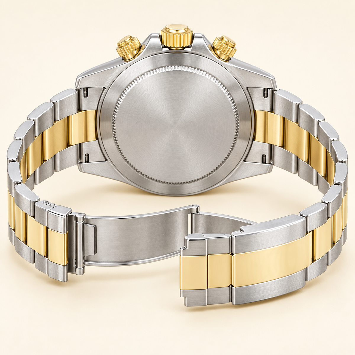 Aurelio Herren-Chronograph – geschlossener Gehäuseboden und geöffnetes Bicolor-Gliederarmband