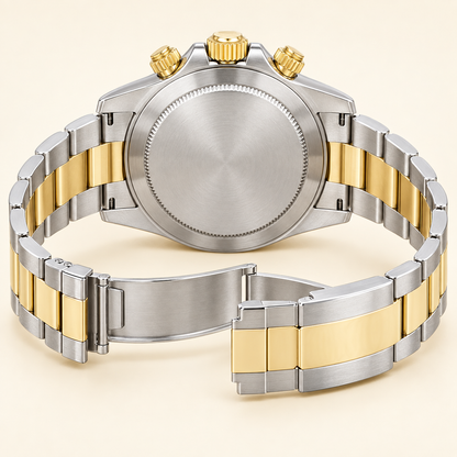 Aurelio Herren-Chronograph – geschlossener Gehäuseboden und geöffnetes Bicolor-Gliederarmband