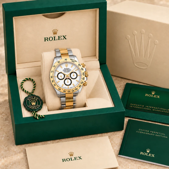 Aurelio Herren-Chronograph – Weiß, Schwarz & Bicolor | 40 mm in groene Rolex-doos