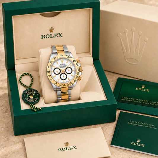 Aurelio Herren-Chronograph – Weiß, Schwarz & Bicolor | 40 mm in groene Rolex-doos
