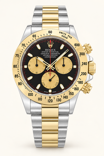 Aurelis Chronograph, Vorderansicht mit schwarzem Zifferblatt und goldfarbenen Totalisatoren