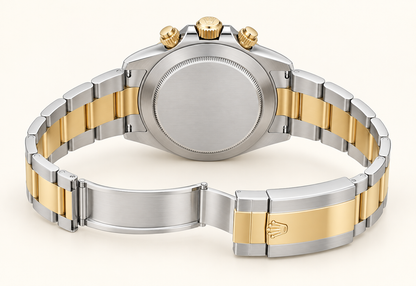 Aurelis Chronograph, geschlossene Rückseite und geöffnetes Bicolor-Armband