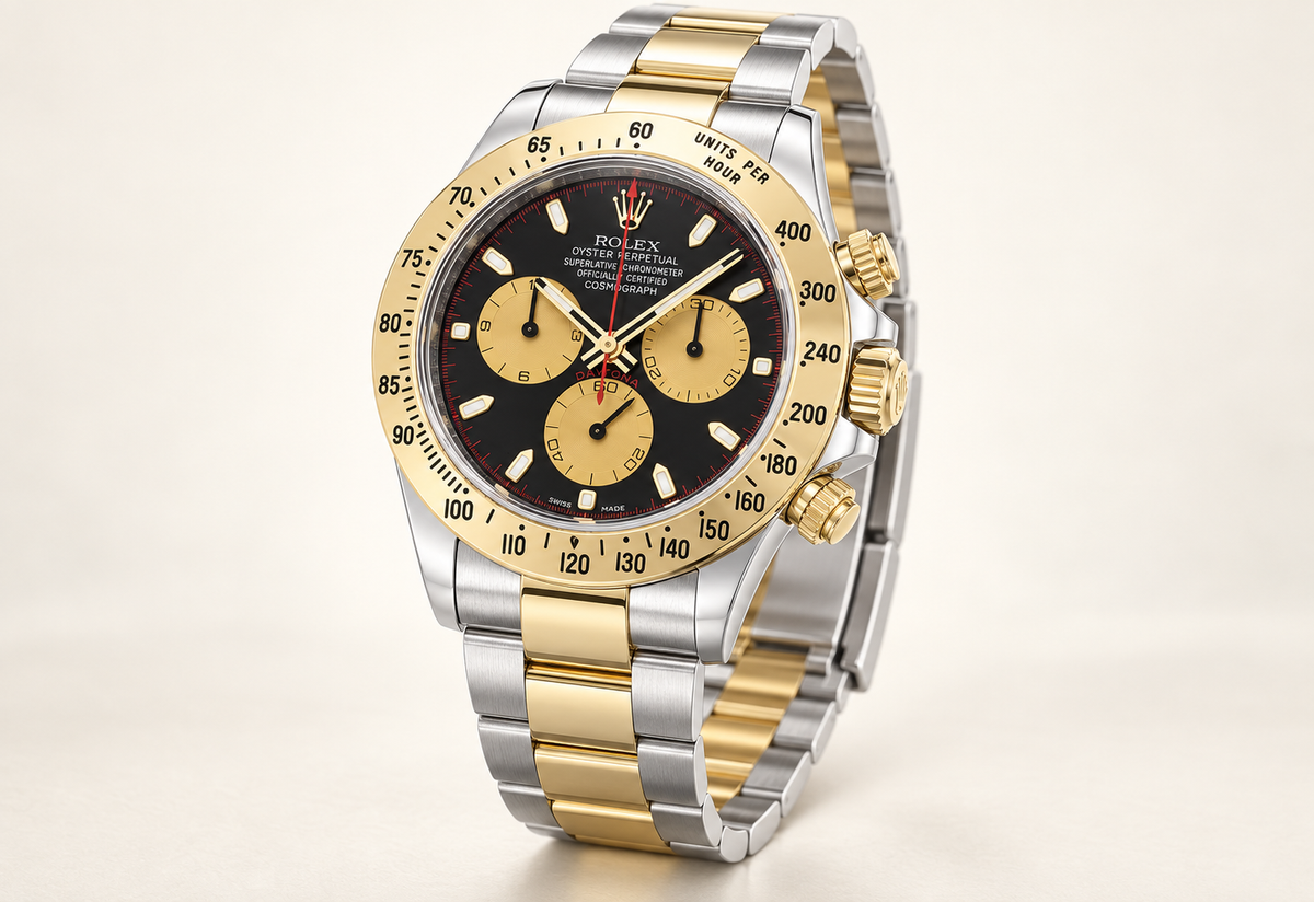 Aurelis Chronograph, Seitenansicht mit goldfarbener Krone und Drückern