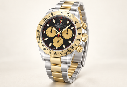 Aurelis Chronograph, Seitenansicht mit goldfarbener Krone und Drückern