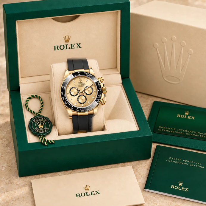 Aureon Chronograph – Champagner & Schwarz | 40 mm in groene Rolex-doos
