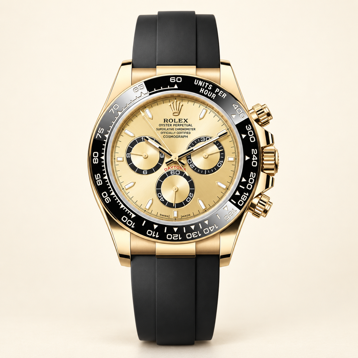 Aureon Chronograph, Frontansicht mit champagnerfarbenem Zifferblatt und schwarzem Armband