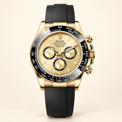 Aureon Chronograph, Frontansicht mit champagnerfarbenem Zifferblatt und schwarzem Armband