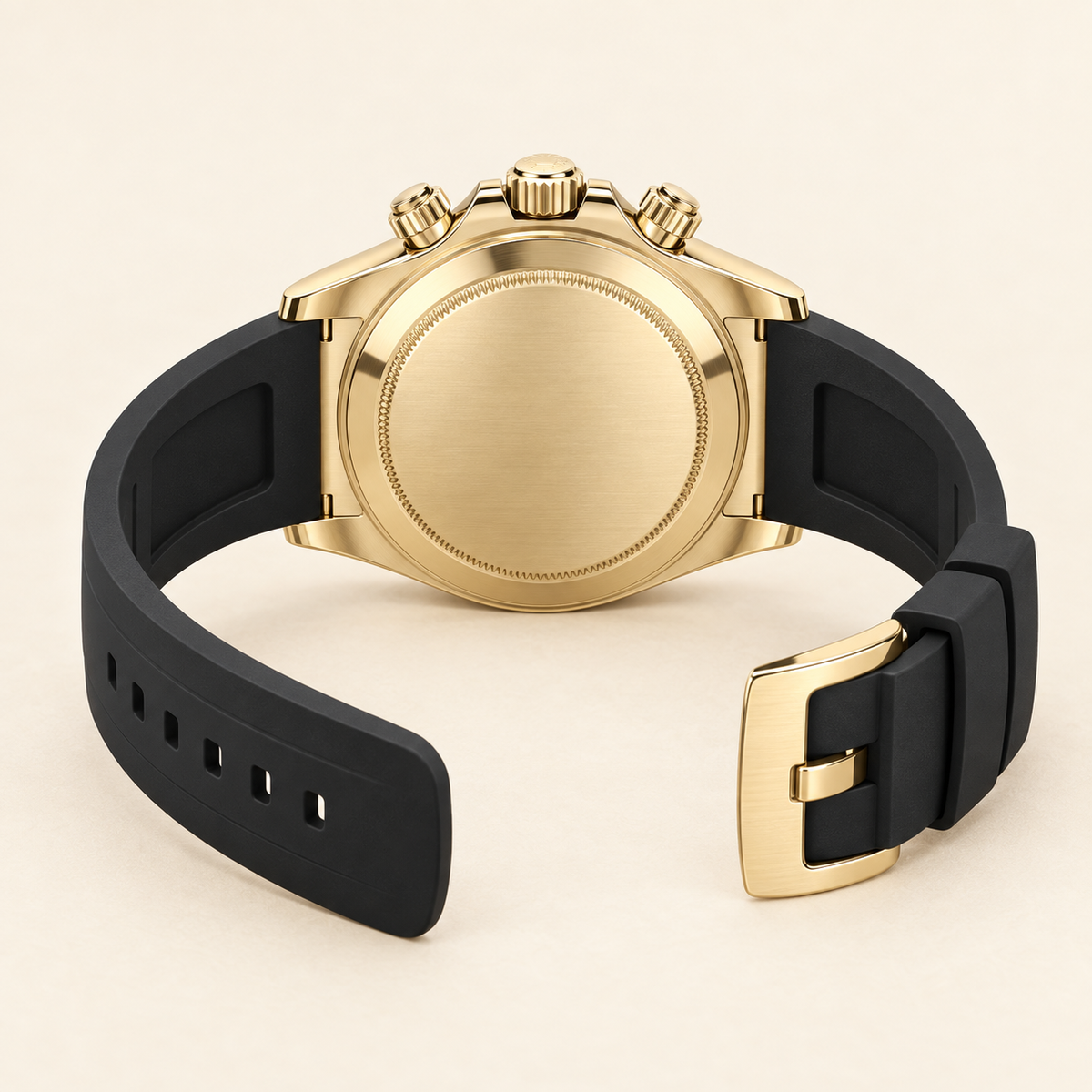 Aureon Chronograph, geschlossene goldfarbene Rückseite und geöffnetes schwarzes Armband
