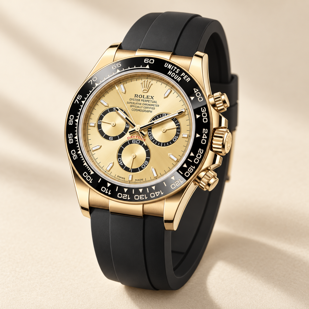 Aureon Chronograph, Seitenansicht mit goldfarbener Krone und Drückern